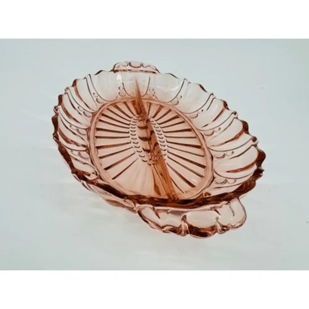 Vintage Anchor Hocking Pink Depression Glass Relish Dish Oval Handled Serving